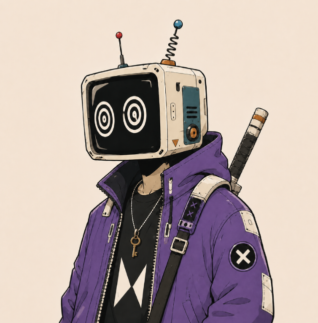 Anime-style illustration of a character wearing a purple jacket with a vintage television set for a head displaying hypnotic spiral eyes, carrying a sword on their back and wearing a Lightning Network (LN) necklace.