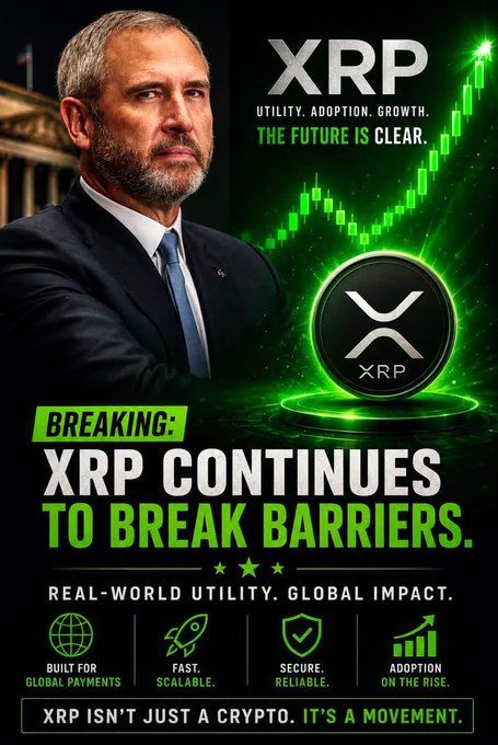 An XRP cryptocurrency promotional graphic featuring a man in a suit, green charts, and text reading 'XRP CONTINUES TO BREAK BARRIERS' with claims of real-world utility and global impact.