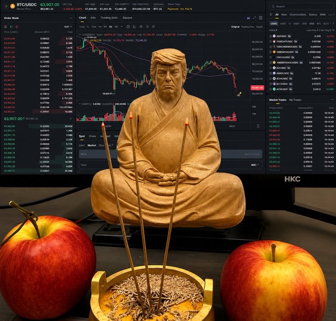 A Donald Trump statue sits in a meditation pose in front of a BTC/USDC trading chart displaying a price of 63,907.00, flanked by two red apples and an incense burner.