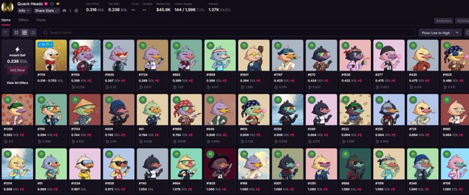 A webpage from 'Quick Heads' displaying a grid of duck-themed NFT avatars with various IDs and prices, listed as 'Instant Sell'.