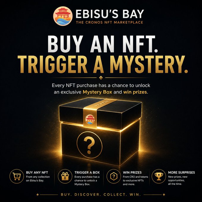 A promotional advertisement for 'EBISU'S BAY - The Cronos NFT Marketplace' with the headline 'BUY AN NFT. TRIGGER A MYSTERY.' and details about earning prizes from a Mystery Box.