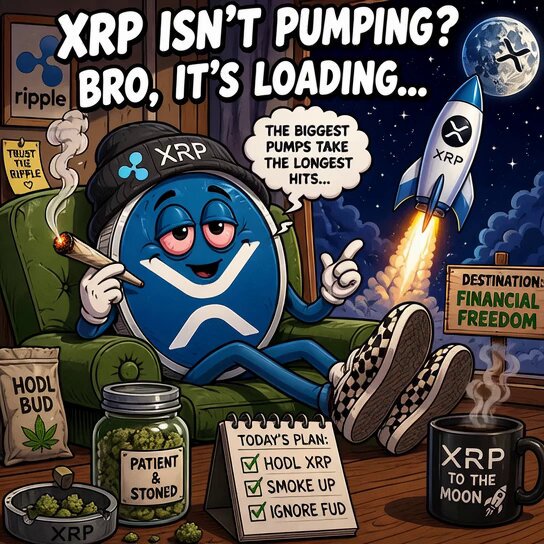 The image features a cartoon character, possibly a robot or a computer program, sitting in a chair with a cup of coffee next to them. The character has a cigarette in their hand and appears to be smoking while holding a book titled "XRP Isnt Pumping?". The background shows a rocket ship flying through the sky above the character's head.

The post about XRP is related to this image, as it suggests that the character might be discussing or contemplating the current state of the cryptocurrency market and its potential impact on Bitcoin.