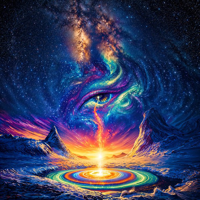 A vivid, psychedelic digital artwork depicting a cosmic face emerging from swirling galaxy clouds, with a beam of rainbow light descending onto a glowing portal between icy mountains under a starry sky.