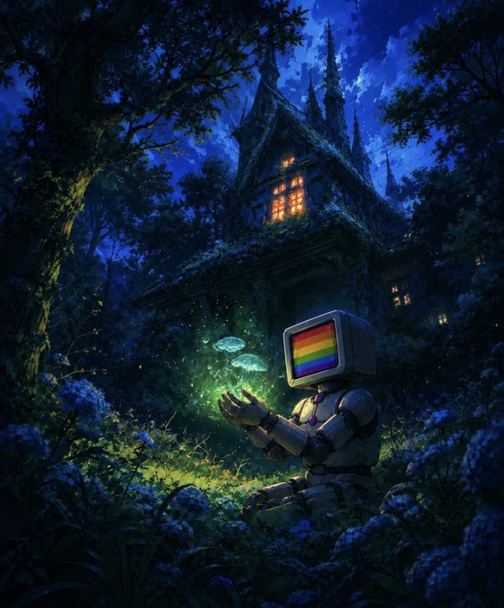 An illustration shows a robot with a rainbow screen for a face tending glowing mushrooms in a moonlit, overgrown forest with a gothic house in the background.