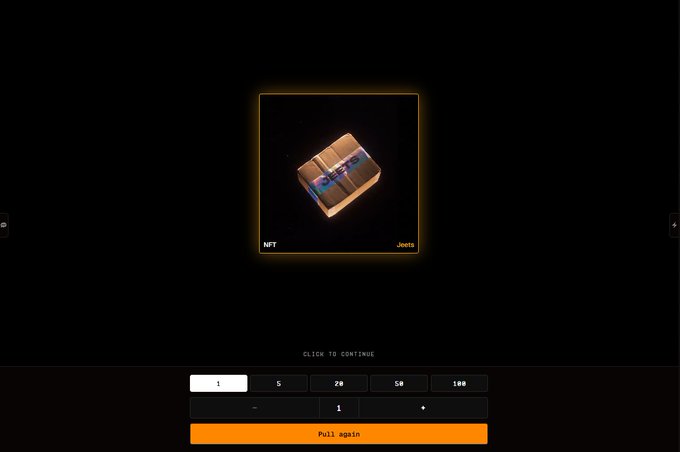 An NFT loot box opening interface displaying a 'Jeans' NFT item with quantity selectors and a 'Pull again' button.