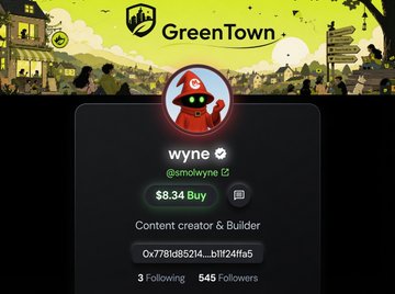 A profile card for "wyne" (@solwyne), a content creator and builder on GreenTown (formerly RobinTown), showing a wallet address and $8.34 balance, with the post highlighting the platform rebrand and ways to earn free money on it.