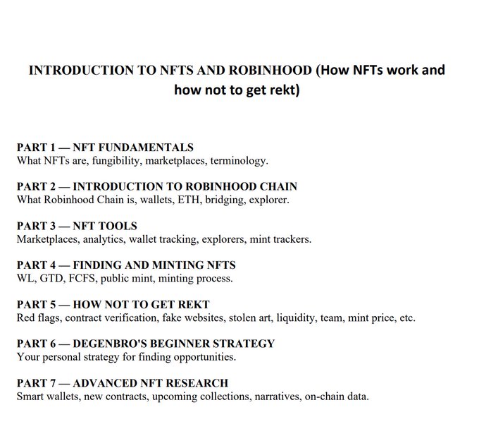 A table of contents image for a document titled "INTRODUCTION TO NFTS AND ROBINHOOD," outlining seven parts covering NFT fundamentals, Robinhood Chain, NFT tools, finding and minting NFTs, avoiding scams, beginner strategy, and advanced research. The post shares a beginner-friendly guide to understanding NFTs and Robinhood Chain, with the document set to be locked soon.