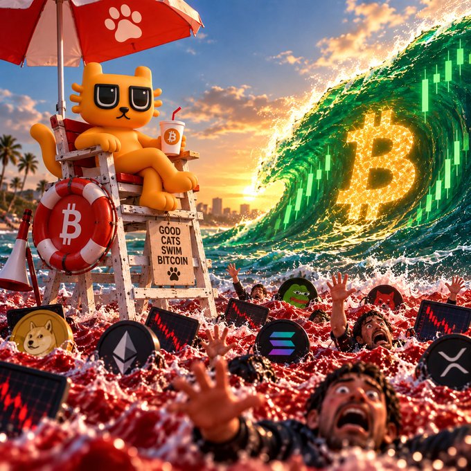 A surreal digital illustration showing an orange cartoon cat lounging on a lifeguard chair labeled 'GOOD CATS SWIM BITCOIN' while a Bitcoin tsunami crashes onto a beach filled with people and crypto logos.