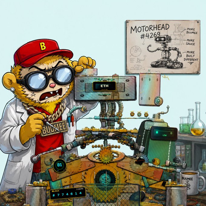 An illustrated cartoon of a bear scientist wearing a red 'B' cap and goggles, holding a tool labeled 'BUUMEE', working on a machine marked 'ETH' with a blueprint reading 'MOTORHEAD #4269 - MORE BUMMEE, MORE SAUCE, MORE BUILT DIFFERENT.'