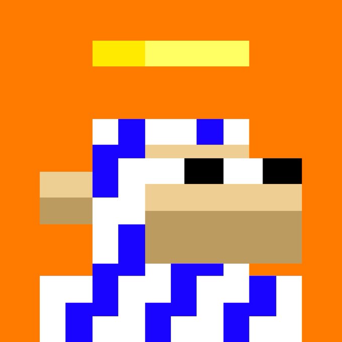 Pixel art of a character with a halo above its head, depicted in white, blue, and brown blocks on an orange background.