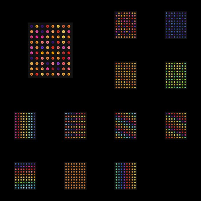 An abstract digital artwork on a black background featuring ten rectangular grids of colorful glowing dots arranged in scattered positions.
