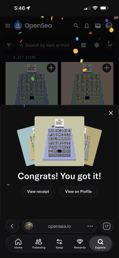 A mobile screenshot of the OpenSea app showing a successful NFT purchase with the text 'Congrats! You got it!' and buttons for 'View receipt' and 'View on Profile'.
