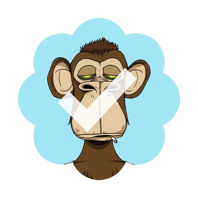 A cartoon-style NFT image of a weary-looking brown monkey with half-closed eyes and a cigarette in its mouth, set against a light blue cloud shape with a visible watermark.