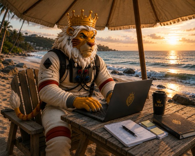 An AI-generated image of an anthropomorphic lion wearing a crown and spacesuit-like outfit, working on a laptop at a beach table at sunset, with a coffee cup labeled 'GLAZY'.