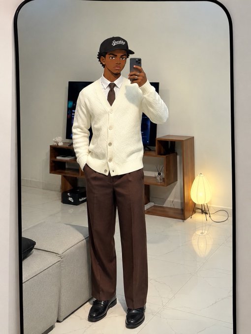 A mirror selfie of a man wearing a white knit cardigan over a white shirt and brown tie, paired with brown trousers, black shoes, and a black baseball cap, standing in a modern living room.