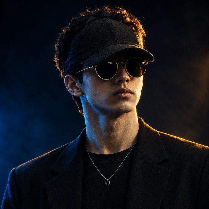 A portrait of a young man wearing a black visor, round sunglasses, a black blazer, and a silver necklace, photographed against a dark background with blue lighting.
