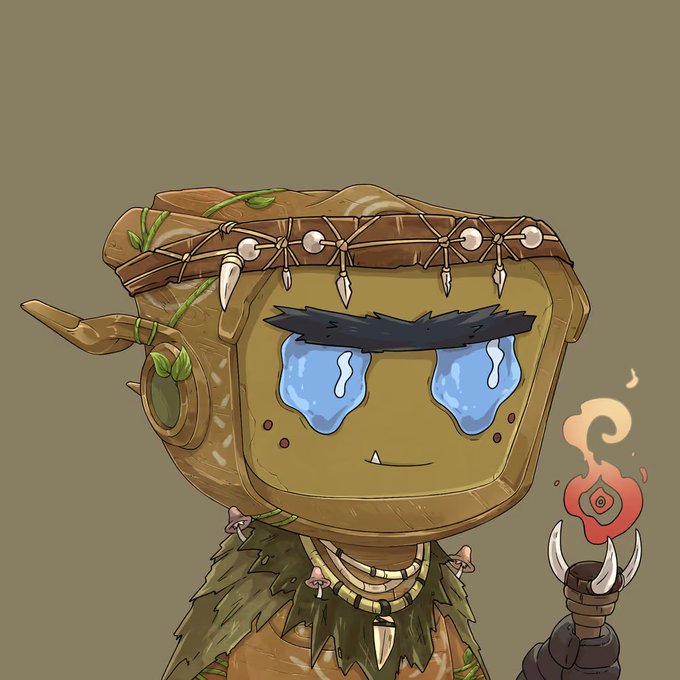 Digital illustration of a cute, cartoonish shaman-like character with a wooden/earthen head, blue watery eyes, and tribal accessories, holding a staff with a flame.