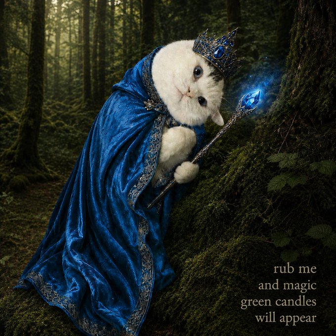 A whimsical digital artwork of a white cat dressed as a wizard in a blue robe and crown, holding a glowing blue staff in a forest, with text reading 'rub me and magic green candles will appear'.