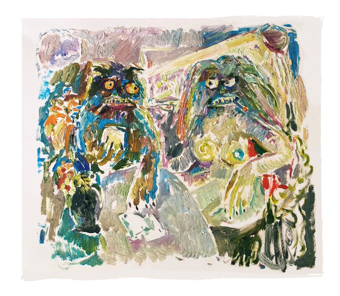 An abstract, colorful expressionist painting featuring distorted figures with large eyes rendered in thick, textured brushstrokes with vibrant hues.