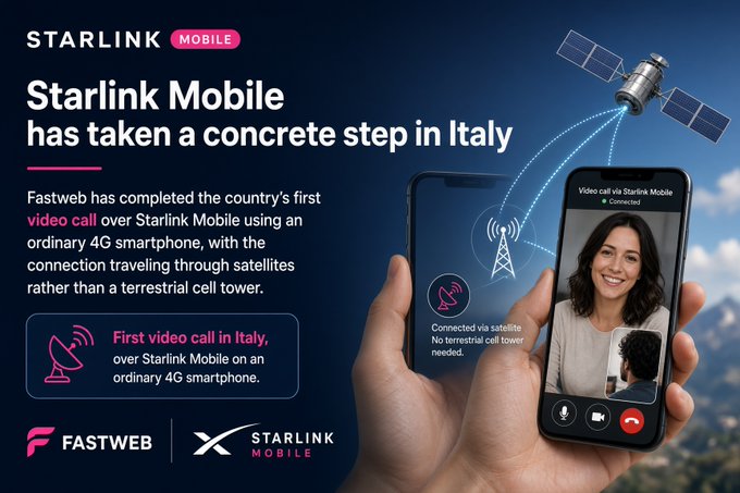A promotional graphic from Fastweb and Starlink Mobile announces Italy's first satellite-based video call made on an ordinary 4G smartphone, featuring logos for both companies and an illustration of a Starlink satellite connecting to a smartphone displaying a video call.
