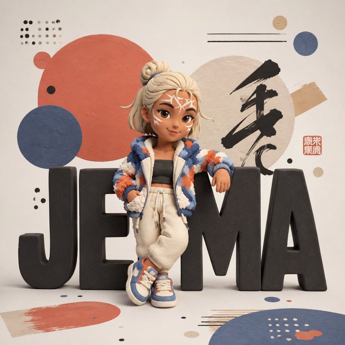 A 3D-rendered cartoon girl with face paint, wearing a colorful fleece jacket, leans against large letters spelling 'JEMA' alongside a Japanese calligraphy character.