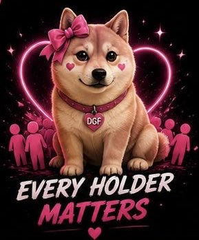 A cute Shiba Inu puppy with a pink bow and "DGF" tag sits in front of a neon heart, with the text "EVERY HOLDER MATTERS" displayed below, promoting the DogeGF Legacy (DGF) community on Solana.