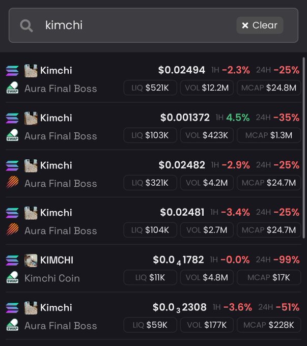 Dark crypto token search results for “kimchi,” listing several coins such as “Kimchi” and “KIMCHI” with names like “Aura Final Boss” and “Kimchi Coin,” plus prices, liquidity, volume, and market cap figures.