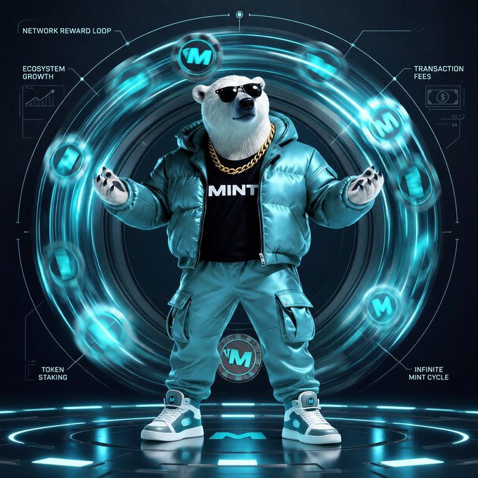 A stylized polar bear character wearing sunglasses, a gold chain, and a blue puffer jacket, surrounded by glowing "M" tokens and labels like "NETWORK REWARD LOOP", "TRANSACTION FEES", and "TOKEN STAKING".