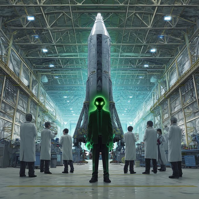 The image features a group of people standing around a large green rocket ship, which appears to be a spaceship or an alien-like creature. The group consists of at least nine individuals, all dressed in lab coats, indicating that they are scientists or researchers working on the project. They seem to be gathered for a meeting or a presentation related to the rocket ship and its potential applications.

The rocket ship is prominently displayed in the center of the image, with the people surrounding it forming a semi-circle around it. The background reveals an industrial setting, suggesting that this might be a factory or a warehouse where the rocket ship is being developed or maintained.