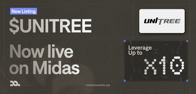 A promotional banner for $UNITREE listing on Midas markets.xyz, featuring a 'New Listing' tag and highlighting 'Leverage Up to x10'.