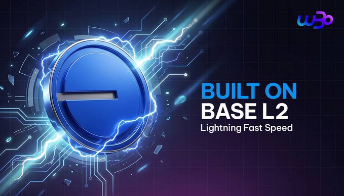 The image features a blue circle with a lightning bolt inside, surrounded by purple lines that create an electric atmosphere. The background of the image is black, which contrasts with the vibrant colors of the lightning bolt and the blue circle. Below this image, there's text that reads "Built on Base L2. Experience lightning-fast transactions and minimal gas fees on our highly optimized marketplace." This suggests that the image is related to a cryptocurrency or blockchain project, possibly discussing the benefits of using the platform for transactions or investments.