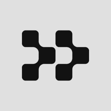 A black and white minimalist logo featuring a symmetrical geometric design made of connected squares and rounded shapes on a light gray background.