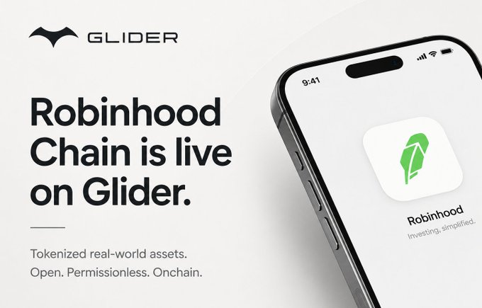 A promotional graphic announcing 'Robinhood Chain is live on Glider' featuring the Glider logo, a tagline about tokenized real-world assets, and an iPhone displaying the Robinhood app icon.