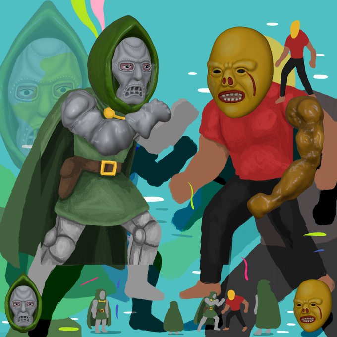 A chaotic illustration showing a grey masked character in a green hooded cloak standing next to a large yellow-masked figure in a red shirt, surrounded by smaller floating figures.