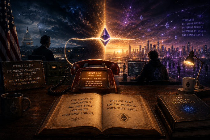 A symbolic Ethereum-themed artwork features a glowing ETH diamond logo, a 'Moscow–Washington Hotline' telephone, open books with phrases like 'THE GREATEST PROTOCOLS ARE NOT BUILT FOR WHEN EVERYONE AGREES,' and text reading 'STRANGERS DIFFERENT NATIONS DIFFERENT BELIEFS DIFFERENT INTERESTS ONE SHARED STATE.'