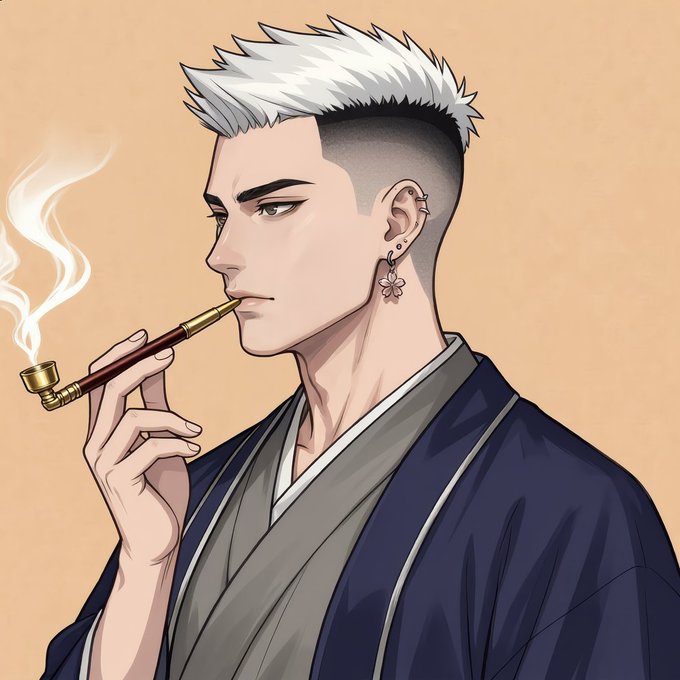 An anime-style illustration of a man with spiky silver-white hair in an undercut style, wearing a dark blue kimono and smoking a long pipe, with a flower earring and multiple ear piercings.