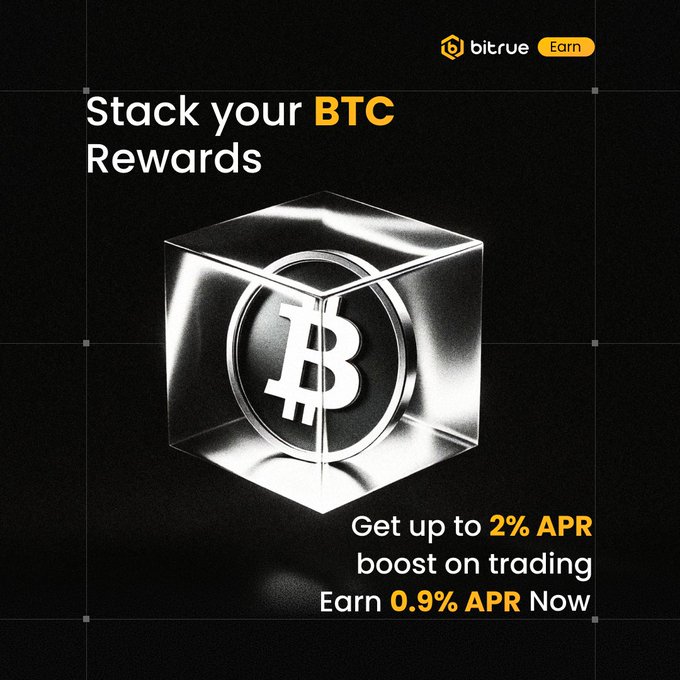 Bitrue Earn advertisement featuring a glass cube with a Bitcoin logo, promoting "Stack your BTC Rewards" with up to 2% APR boost on trading and 0.9% APR base earnings, visually reinforcing the post's offer of PowerPiggy Flexible Earn rewards for BTC holders.