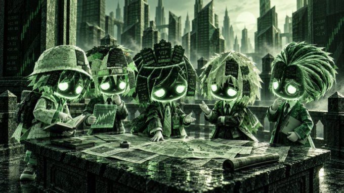 A stylized digital illustration depicting five green, glowing-eyed figures in suits gathered around a table covered with documents, set against a dark, dystopian cityscape.