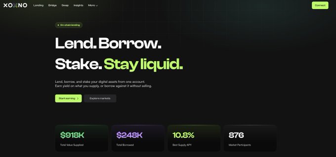A sleek, dark-themed landing page for XOXNO features the bold tagline "Lend. Borrow. Stake. Stay liquid." in white and green text, with call-to-action buttons for "Start earning" and "Explore markets." Below, key platform stats are displayed: $918K Total Value Supplied, $248K Total Borrowed, 10.8% Best Supply APY, and 876 Market Participants—aligning with the post's announcement of a rebrand and upcoming Stellar launch while continuing to support NFTs on MultiversX via xPortal.