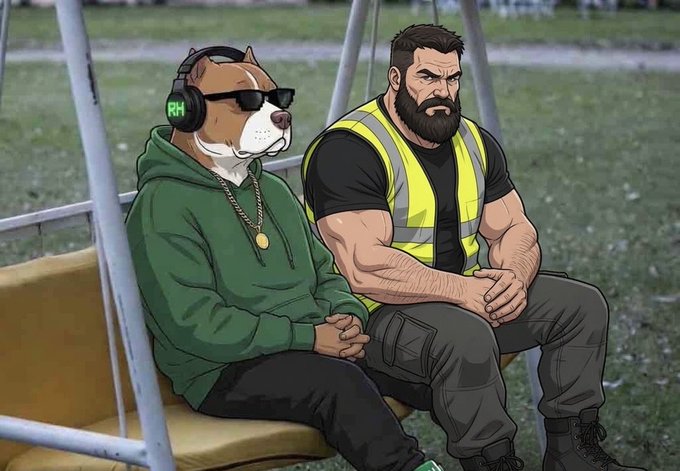 A cartoon-style illustration shows a bulldog wearing sunglasses, headphones, and a green hoodie sitting next to a muscular bearded man in a high-visibility vest on a bench.