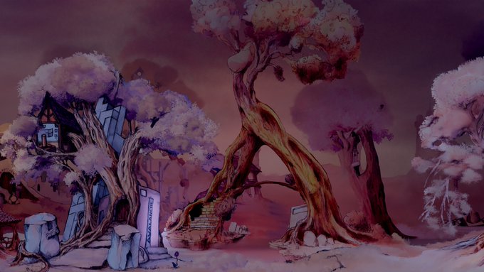 A fantasy landscape painting depicting twisted trees with purple foliage, stone ruins, and a house built into a tree trunk under a hazy red sky.