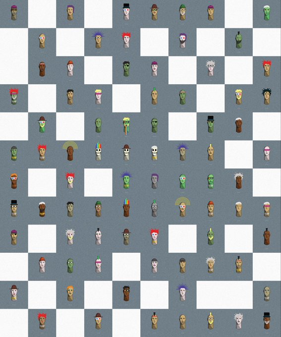 A grid pattern displaying various small, colorful, cylindrical character heads with different hairstyles and facial features on a gray background.