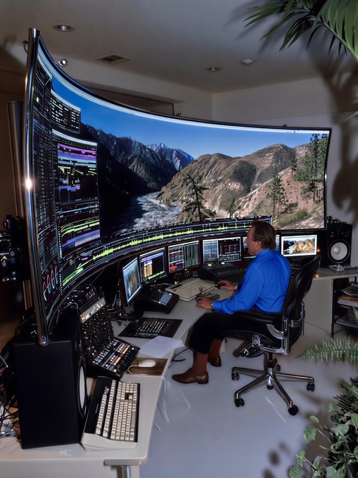 A person sits at a desk operating a complex curved monitor setup used for video editing.