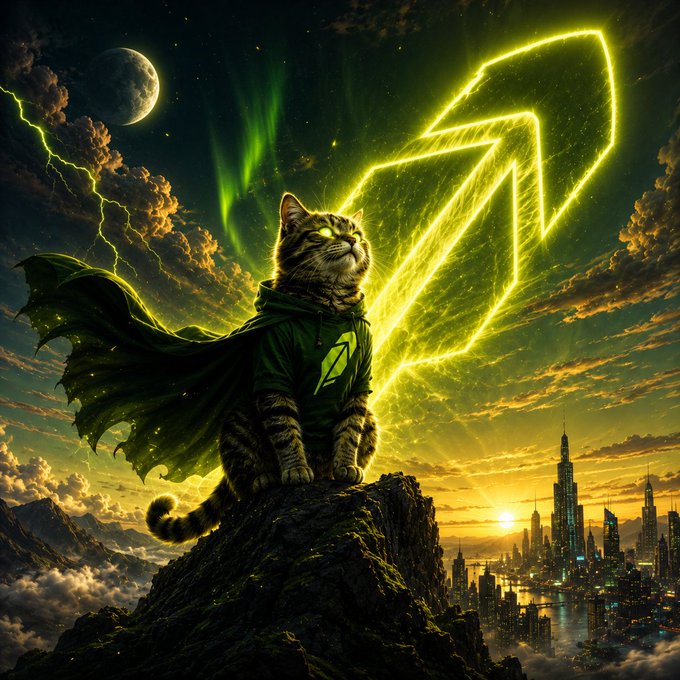 A digital artwork depicts a cat wearing a green superhero cape and hoodie, sitting on a rocky peak with a glowing yellow lightning bolt symbol behind it, overlooking a futuristic city.