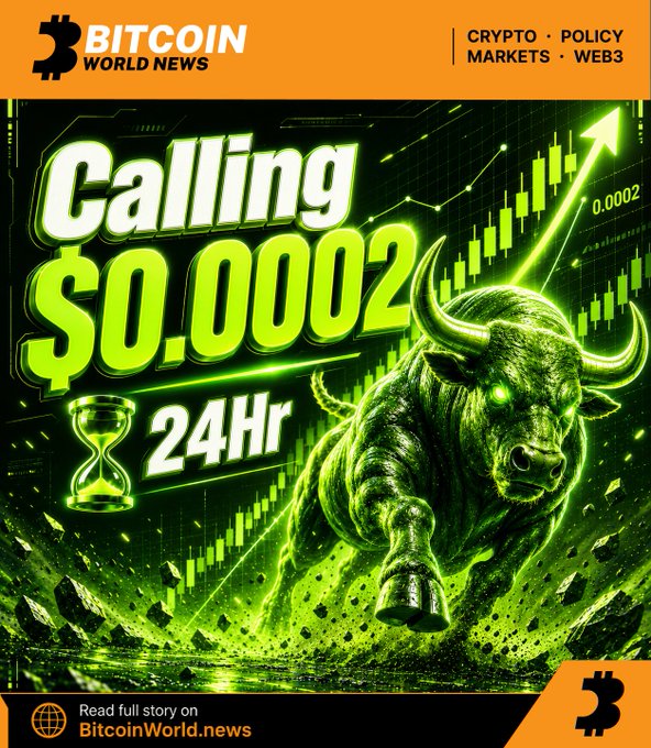 The image is a Bitcoin World News promotional graphic titled "Calling $0.0002" featuring a glowing green charging bull, candlestick charts with an upward trend arrow, and an hourglass labeled "24Hr," symbolizing a short-term price prediction. It visually amplifies the post's bullish sentiment about an imminent rally in a low-priced project backed by confidence in its CEO.

Key text visible: "BITCOIN WORLD NEWS," "CRYPTO • POLICY • MARKETS • WEB3," "Calling $0.0002," "24Hr," "0.0002," and "Read full story on BitcoinWorld.news."