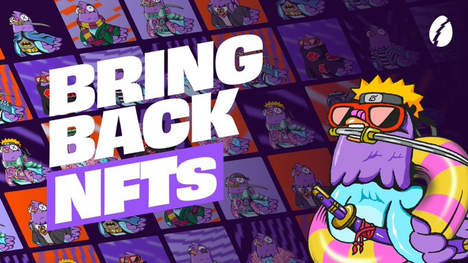 Promotional graphic with 'BRING BACK NFTS' text featuring a purple octopus character dressed as Naruto with a headband and snorkel against a background of NFT tiles.