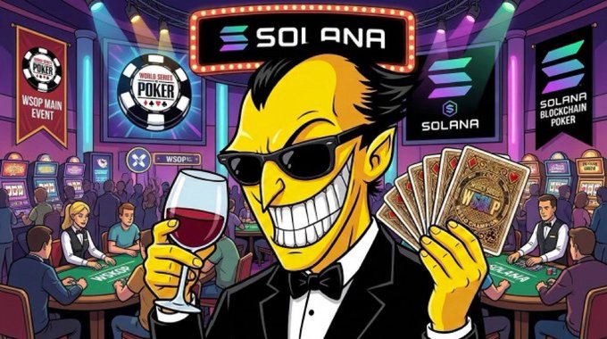 A cartoon-style illustration of a yellow-skinned man in a tuxedo and sunglasses holding wine and playing cards at a Solana-themed poker casino event labeled 'SOLANA' and 'WSOP MAIN EVENT'.