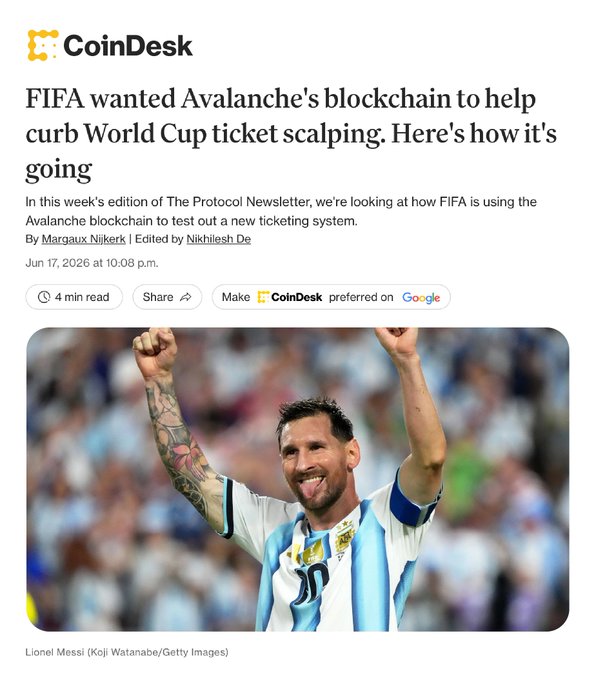 The image includes a photograph of an athlete celebrating a sports moment with their arms raised in triumph, as well as the title "CoinDesk" above them, which implies this may be related to cryptocurrency or blockchain technology. The main content focuses on the news article's topic and suggests that the athlete is involved in a global organization using Avalanche for its ticket sales system. The post appears to provide information about the authenticity of Avalanche tokens by stating "Tickets are 100% verifiable onchain, so it reduces all types of fraud, fake secondary sales, etc".