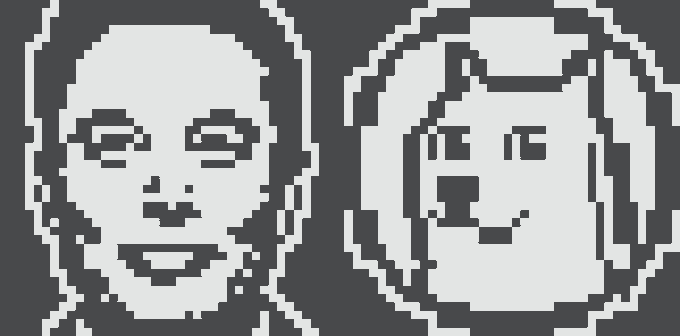 The pixel art image shows a grayscale portrait of a woman alongside a smiling Shiba Inu dog, representing the Dogecoin meme. It visually pairs the "Normies" collection character with the iconic Doge mascot to welcome Dogecoin as a new addition to the NFT family.