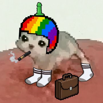 A pixel art image of a small animal wearing a colorful puzzle-piece hat, white socks, smoking a cigarette, with a brown briefcase beside it.